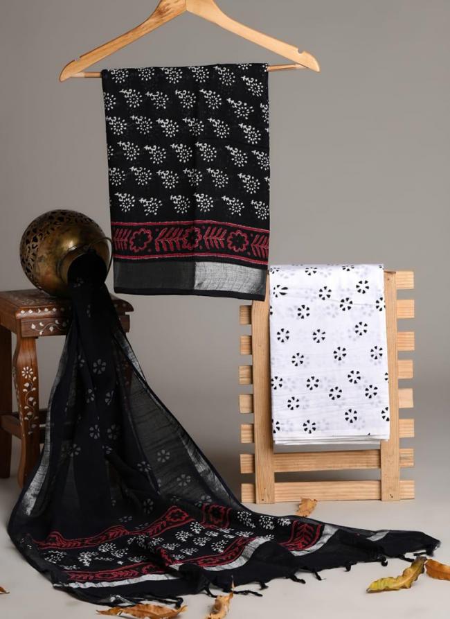 Linen Cotton Black Casual Wear Printed Salwar Suit